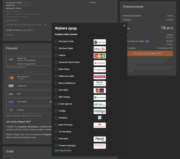 Płatności online na stronie Allegro. Źródło: Allegro.pl
