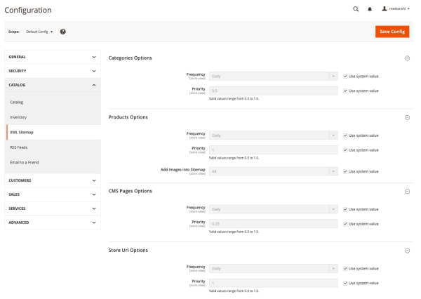 Opcje SEO Magento do konfiguracji mapą strony XML.