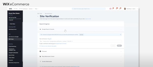Weryfikacja własności witryny w pozycjonowaniu WIX. Źródło: Wix.com