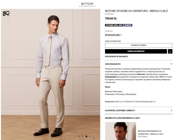 Karta produktu z informacjami dotyczącymi modelu oraz procesu składania zamówienia. Źródło: Bytom