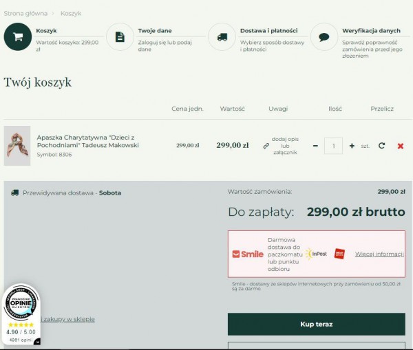 Podstrona koszyka przedstawiająca proces zakupu i kluczowe informacje dla klienta, które zmniejszają wskaźnik CAR.