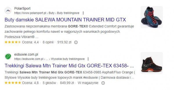Informacje o średniej ocenie, liczbie głosów, cenie i dostępności produktu w magazynie zachęcają potencjalnego klienta do kliknięcia linku w wynikach wyszukiwania Google’a, co zwiększa CTR.