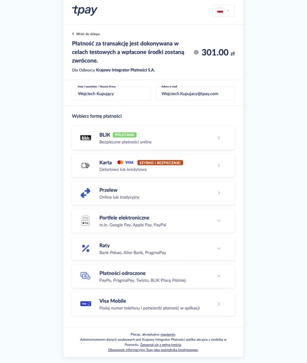 Opcje transakcji u operatora płatności online Tpay. Źródło: Tpay.com