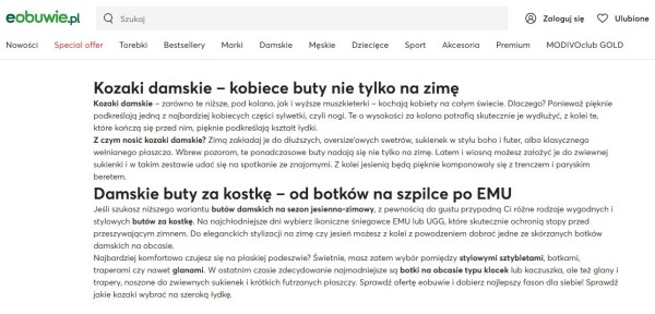 Krótki opis kategorii zajmującej TOP 1 na konkurencyjną frazę „kozaki damskie”. W tym przypadku wysoka pozycja jest zapewniona przez m.in. reputację domeny. Źródło: eObuwie