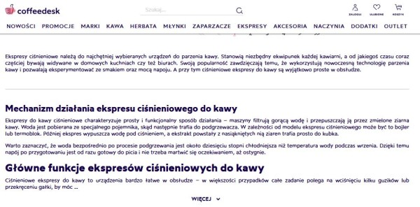 Fragment zoptymalizowanego opisu kategorii pod SEO (z TOP 3 na frazę „ekspres do kawy ciśnieniowy”. Źródło: Coffeedesk