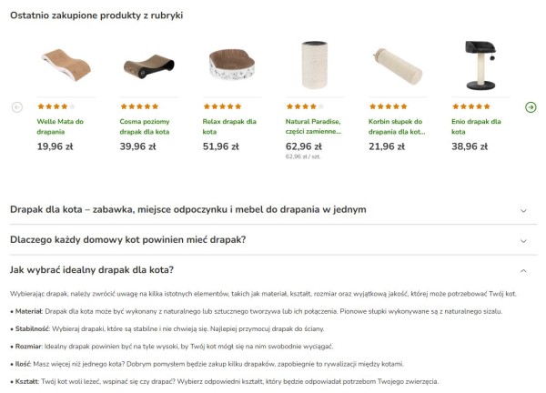 Sekcja FAQ w drugiej części opisu kategorii pod listingiem produktów w sklepie internetowym. Źródło: Zooplus