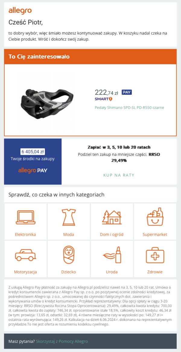 Przykładowa wiadomość remarketingu e-mail dla e-commerce. Źródło: Allegro.pl