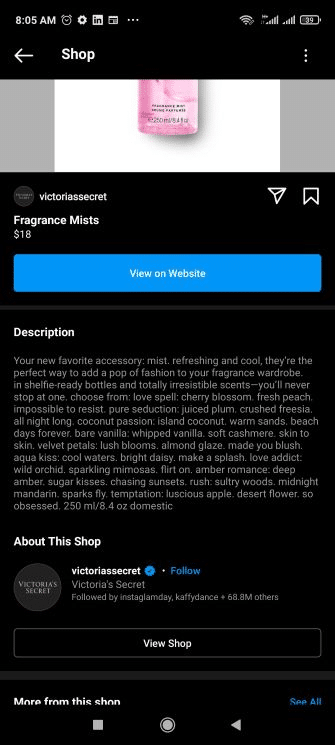 Informacje social commerce w sklepie Victoria's Secret. Źródło: Heroesofdigital.com