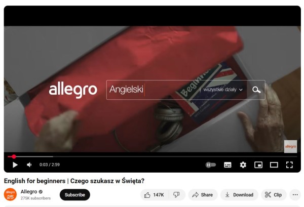 Storytellingowa reklama Allegro pokazuje logo platformy wyłącznie na początku i końcu filmu. Źródło: Allegro