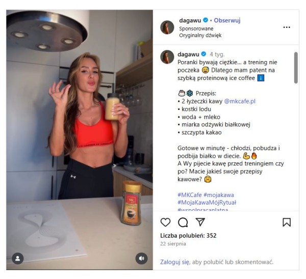 Bardzo prosty i krótki storytelling bazujący na zabieganym poranku i zdrowym stylu życia influencerki. Źródło: Instagram