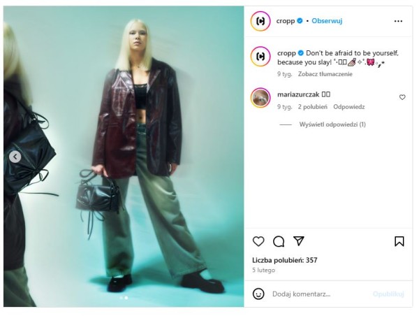 Marka odzieżowa stosuje swobodną komunikację w social mediach, mimo że opisy produktów na stronie internetowej rzadko zawierają podobne słownictwo. Źródło: Cropp