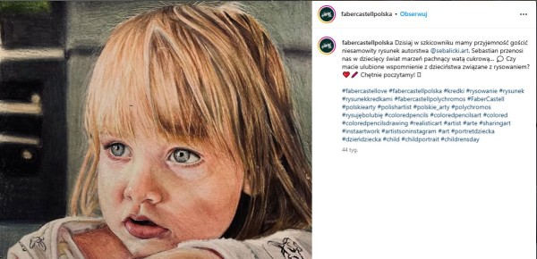 Marka zrepostowała rysunek artysty wykonany jej produktami, aby zaprezentować możliwości odbiorcom i zachęcić ich do dyskusji. Źródło: Faber-Castell Polska