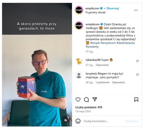 Rolka z inspiracjami prezentowymi na Dzień Dziecka. Niestety, marka nie odniosła się zarówno do pozytywnego, jak i negatywnego komentarza odbiorców. Źródło: Empik