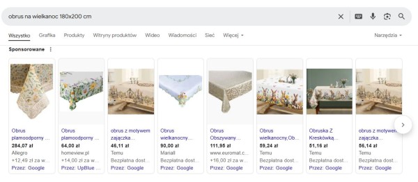 Reklamy produktowe na frazę „obrus na wielkanoc 180x200 cm” w wynikach wyszukiwania Google’a.