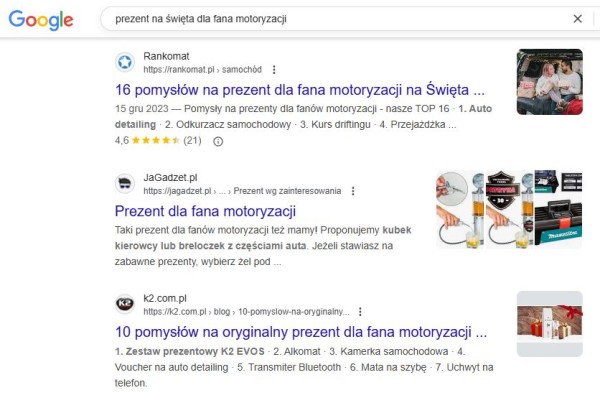 Zanim zaplanujesz tworzenie świątecznych treści, sprawdź, jakie podstrony wyświetlają się w wynikach wyszukiwania Google’a na wybrane zapytanie. Źródło: Google