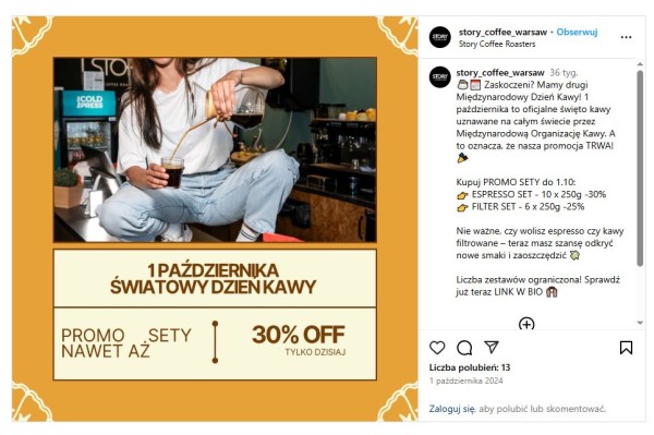 Social media pozwalają na szybkie powiadomienie klientów o jednodniowej promocji z okazji nietypowego święta. Źródło: Story Coffee Warsaw