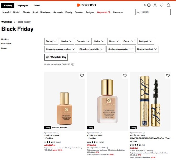 Niektóre sklepy internetowe używają kategorii Black Friday przez cały rok, przypisując do niej produkty objęte najwyższymi przecenami. Źródło: Zalando
