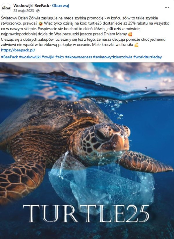 Ekologiczna marka wykorzystała Światowy Dzień Żółwia do promocji prośrodowiskowych rozwiązań i udostępnienia kodu rabatowego z humorem w tle. Źródło: Facebook