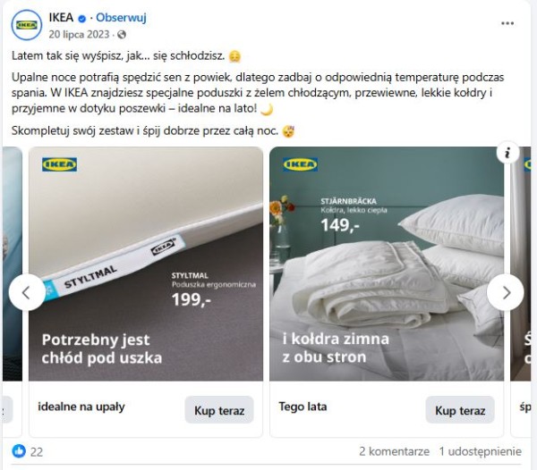 Post promujący produkty przydatne podczas fali upałów – z lekką komunikacją w empatycznym tonie. Źródło: Facebook