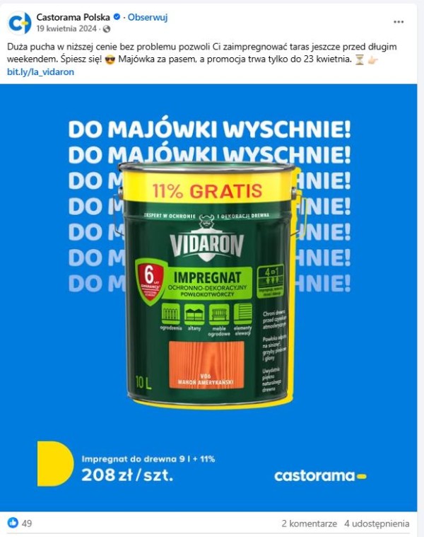 Promocja produktu w sklepie budowlanym przed majówką. Źródło: Castorama Polska