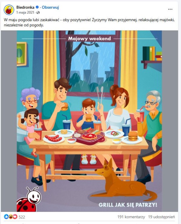 Post w ramach real time marketingu nawiązujący do pogody w majówkę. Źródło: Biedronka