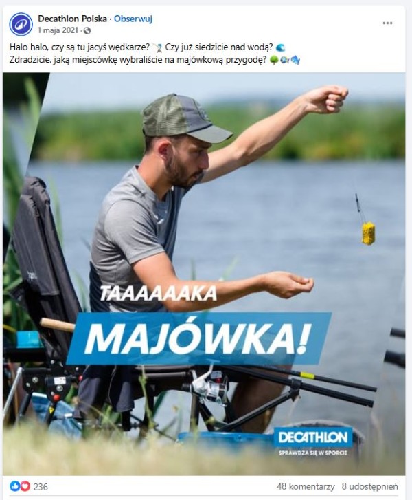 Strategia sklepu internetowego na majówkę uwzględniająca posty dla specyficznych grup odbiorców, np. wędkarzy. Źródło: Decathlon Polska
