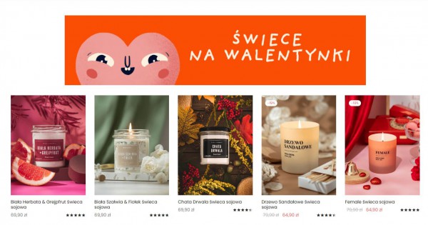 Kategoria ze świecami na walentynki w sklepie internetowym.