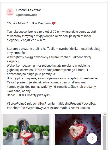 Reklama e-commerce na Facebooku z okazji walentynek.