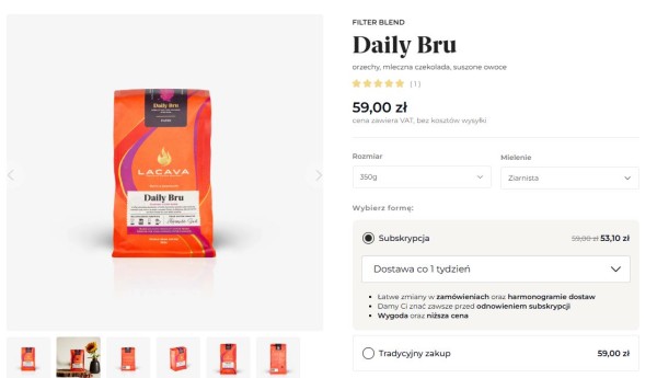 Prezentacja ceny produktu w subskrypcji na karcie produktowej. Źródło: LaCava