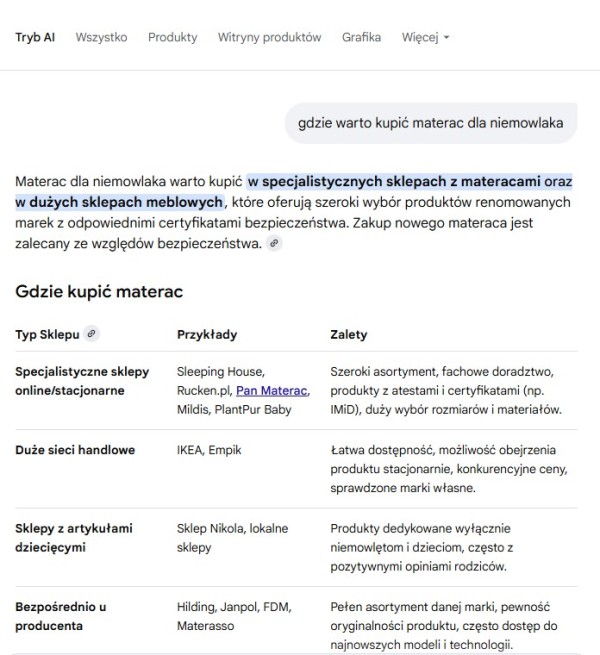 Marki i sklepy internetowe rekomendowane w trybie AI w Google na podstawie m.in. opinii klientów. Źródło: Google
