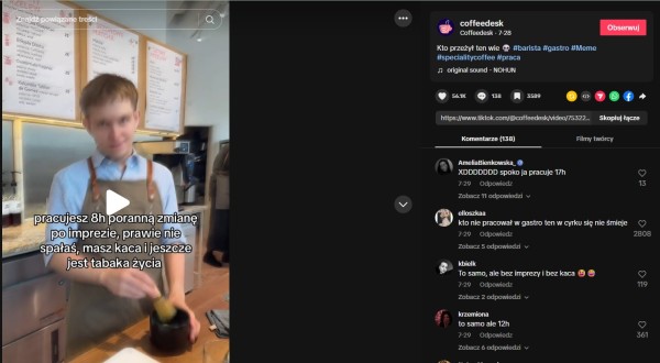 Szczery materiał o pracy w kawiarni zdobył najwięcej wyświetleń i interakcji z potencjalnymi klientami sklepu internetowego, którzy identyfikowali się z humorystycznym przekazem. Źródło: Coffeedesk