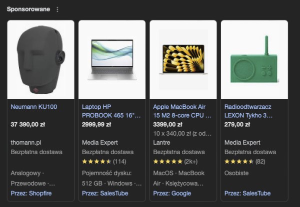 System ocen customer-generated content widoczny w wynikach wyszukiwania. Źródło: Google.com