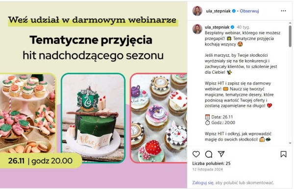 Chociaż webinar jest skierowany do marek cukierniczych, księgarnia mogłaby zaproponować klientom spotkanie skoncentrowane na słodkich przepisach… które można znaleźć w książkach. Źródło: Ula Stępniak