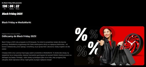 Nigdy nie jest za wcześnie na przygotowanie landingu pod SEO z okazji Black Friday. Sklep internetowy utworzył podstronę z kilkumiesięcznym wyprzedzeniem. Źródło: Media Markt