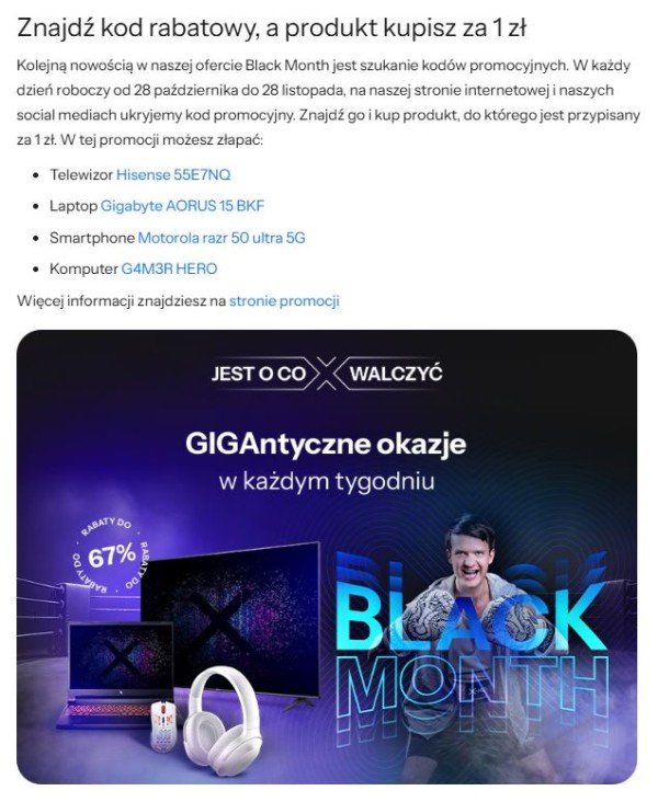Grywalizacja w sklepie internetowym z okazji Black Month zwiększa ruch i zachęca klientów do zamawiania produktów w niepowtarzalnych cenach. Źródło: x-kom